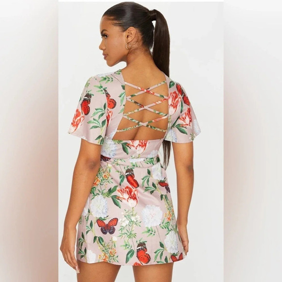 NEW PrettyLittleThing Beige Floral Print Criss Cross Button Bodycon Dress Size 2 - Picture 2 of 12